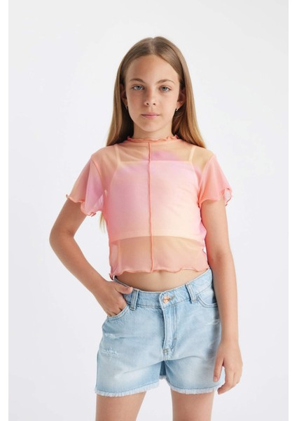 Kız Çocuk 2'li Takım Crop Bisiklet Yaka Degrade Baskılı Tül Kısa Kollu Tişört Atlet C8717A824SM