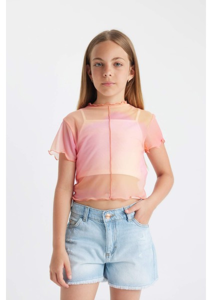 Kız Çocuk 2'li Takım Crop Bisiklet Yaka Degrade Baskılı Tül Kısa Kollu Tişört Atlet C8717A824SM