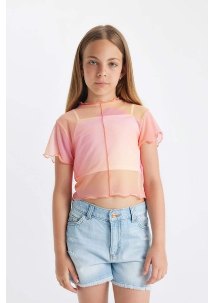 Kız Çocuk 2'li Takım Crop Bisiklet Yaka Degrade Baskılı Tül Kısa Kollu Tişört Atlet C8717A824SM