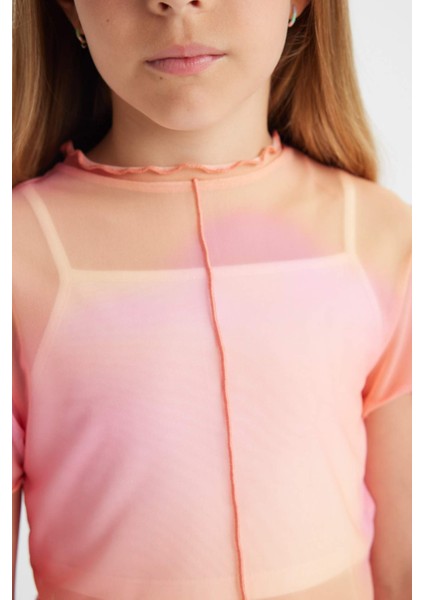 Kız Çocuk 2'li Takım Crop Bisiklet Yaka Degrade Baskılı Tül Kısa Kollu Tişört Atlet C8717A824SM