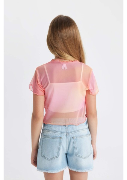 Kız Çocuk 2'li Takım Crop Bisiklet Yaka Degrade Baskılı Tül Kısa Kollu Tişört Atlet C8717A824SM
