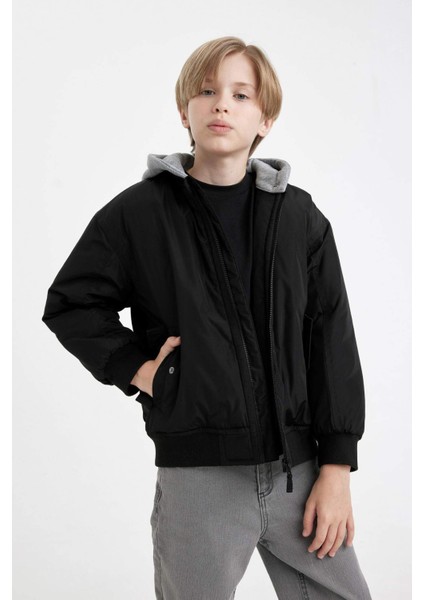 Erkek Çocuk Su Geçirmez Çıkarılabilir Kapüşonlu Kolej Yaka Fermuarlı Ribana Kollu Bomber Mont C5986A824WN