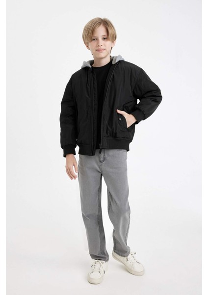 Erkek Çocuk Su Geçirmez Çıkarılabilir Kapüşonlu Kolej Yaka Fermuarlı Ribana Kollu Bomber Mont C5986A824WN
