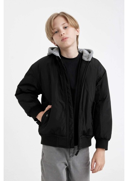 Erkek Çocuk Su Geçirmez Çıkarılabilir Kapüşonlu Kolej Yaka Fermuarlı Ribana Kollu Bomber Mont C5986A824WN