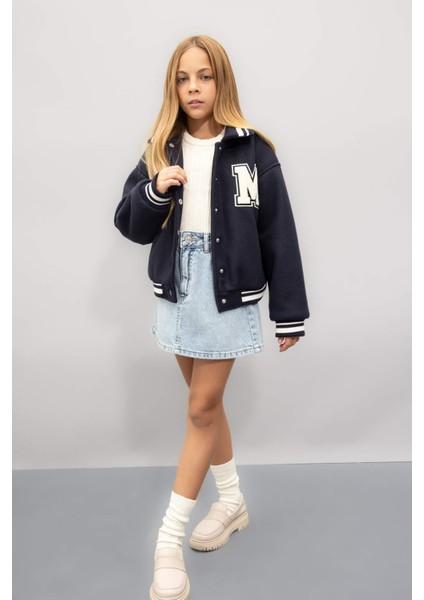 Kız Çocuk Yazı Baskılı Çıtçıtlı Ribana Kollu Kolej Mont C5406A824AU