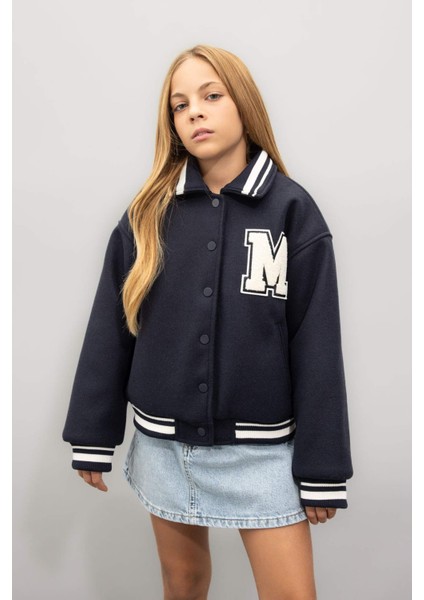 Kız Çocuk Yazı Baskılı Çıtçıtlı Ribana Kollu Kolej Mont C5406A824AU