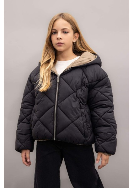 Kız Çocuk Su Geçirmez Çift Taraflı Kapüşonlu Kapitoneli Fermuarlı Cepli Şişme Mont C5492A824AU