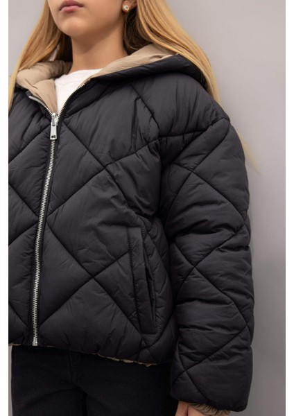 Kız Çocuk Su Geçirmez Çift Taraflı Kapüşonlu Kapitoneli Fermuarlı Cepli Şişme Mont C5492A824AU