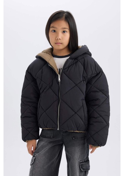 Kız Çocuk Su Geçirmez Çift Taraflı Kapüşonlu Kapitoneli Fermuarlı Cepli Şişme Mont C5492A824AU