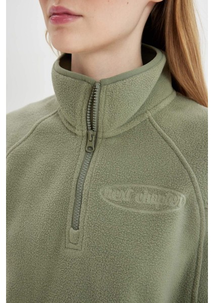 Regular Fit Fermuarlı Dik Yaka Baskılı Polar Sweatshirt C7828AX24WN