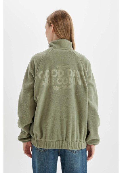 Regular Fit Fermuarlı Dik Yaka Baskılı Polar Sweatshirt C7828AX24WN