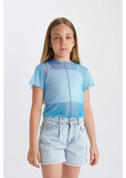 Kız Çocuk 2'li Takım Crop Bisiklet Yaka Degrade Baskılı Tül Kısa Kollu Tişört Atlet C8717A824SM