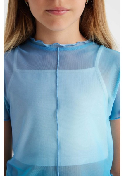 Kız Çocuk 2'li Takım Crop Bisiklet Yaka Degrade Baskılı Tül Kısa Kollu Tişört Atlet C8717A824SM