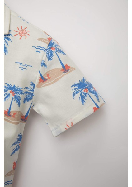 Erkek Bebek Apaş Yaka Twill Palmiye Desenli Kısa Kollu Gömlek C9193A524SM
