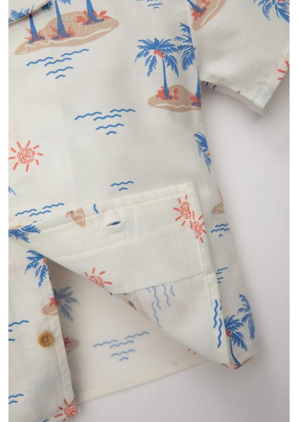 Erkek Bebek Apaş Yaka Twill Palmiye Desenli Kısa Kollu Gömlek C9193A524SM