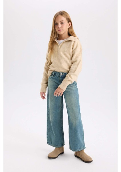 Kız Çocuk Polo Yaka Basic Düz Triko Kazak C9667A824WN