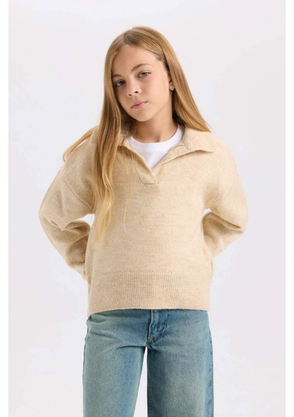 Kız Çocuk Polo Yaka Basic Düz Triko Kazak C9667A824WN