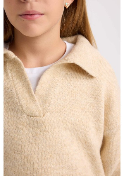 Kız Çocuk Polo Yaka Basic Düz Triko Kazak C9667A824WN