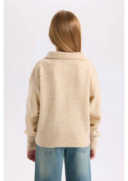 Kız Çocuk Polo Yaka Basic Düz Triko Kazak C9667A824WN