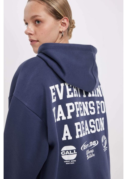 Oversize Geniş Kalıp Kapüşonlu Cepli Sırt Baskılı Kalın Sweatshirt C7817AX24WN