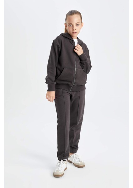 Kız Çocuk Antrasit Standart Fit Beli Paçası Lastikli Cepli Basic Düz Okul Jogger Eşofman Altı X9036A624AU