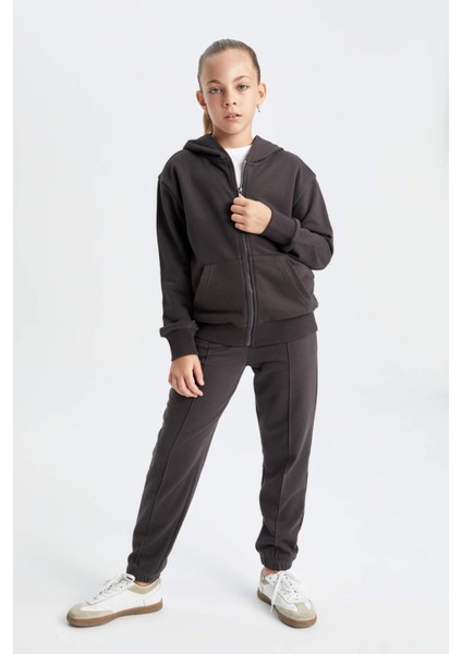 Kız Çocuk Antrasit Standart Fit Beli Paçası Lastikli Cepli Basic Düz Okul Jogger Eşofman Altı X9036A624AU