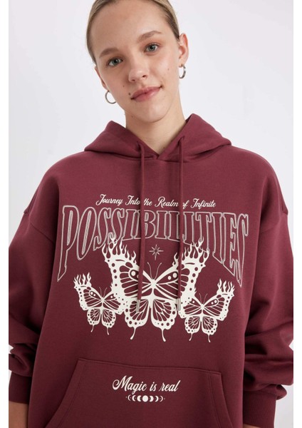 Oversize Geniş Kalıp Kapüşonlu Baskılı Kalın Sweatshirt C7816AX24WN