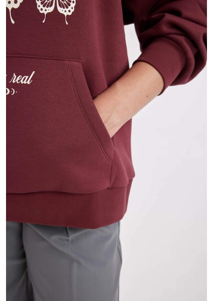 Oversize Geniş Kalıp Kapüşonlu Baskılı Kalın Sweatshirt C7816AX24WN
