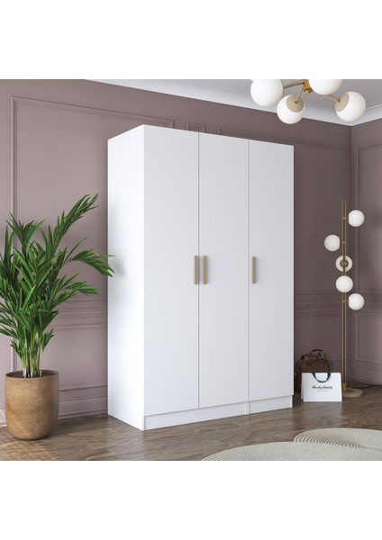 BA155 Gardırop Elbise Dolabı 3 Kapaklı 2 Çekmeceli 6 Raflı Askılı Modüler Dolap Beyaz