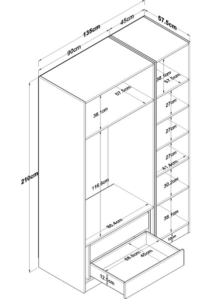 BA155 Gardırop Elbise Dolabı 3 Kapaklı 2 Çekmeceli 6 Raflı Askılı Modüler Dolap Beyaz fiyatları
