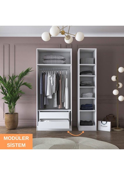 BA155 Gardırop Elbise Dolabı 3 Kapaklı 2 Çekmeceli 6 Raflı Askılı Modüler Dolap Beyaz fırsatları