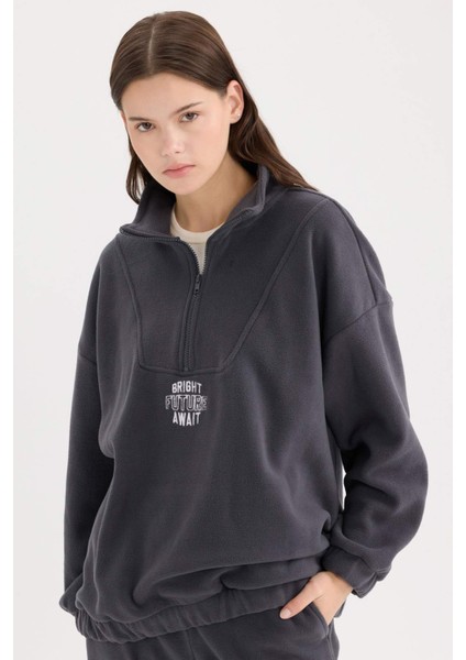 Oversize Geniş Kalıp Fermuarlı Dik Yaka Nakışlı Polar Sweatshirt