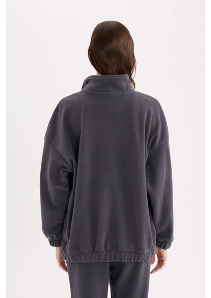 Oversize Geniş Kalıp Fermuarlı Dik Yaka Nakışlı Polar Sweatshirt