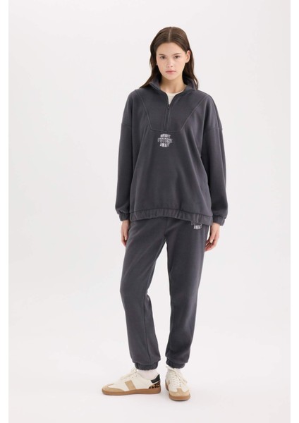 Oversize Geniş Kalıp Fermuarlı Dik Yaka Nakışlı Polar Sweatshirt