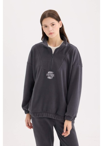 Oversize Geniş Kalıp Fermuarlı Dik Yaka Nakışlı Polar Sweatshirt