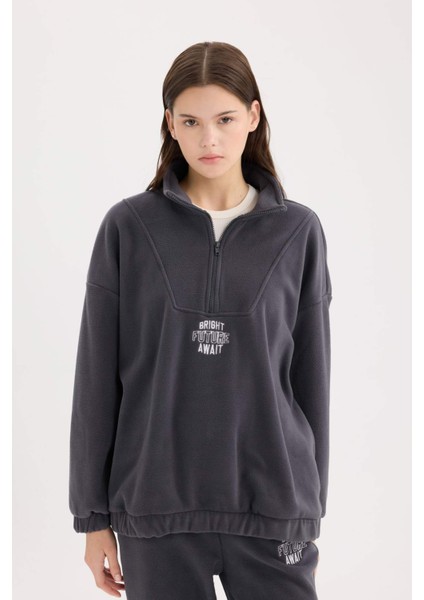 Oversize Geniş Kalıp Fermuarlı Dik Yaka Nakışlı Polar Sweatshirt