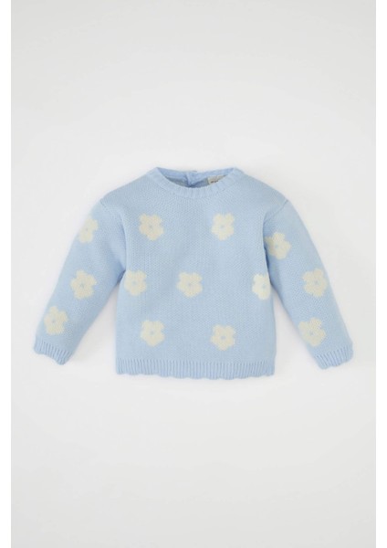 Kız Bebek Mavi Bisiklet Yaka Çiçekli Triko Kazak C8309A524WN