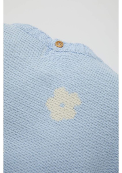 Kız Bebek Mavi Bisiklet Yaka Çiçekli Triko Kazak C8309A524WN