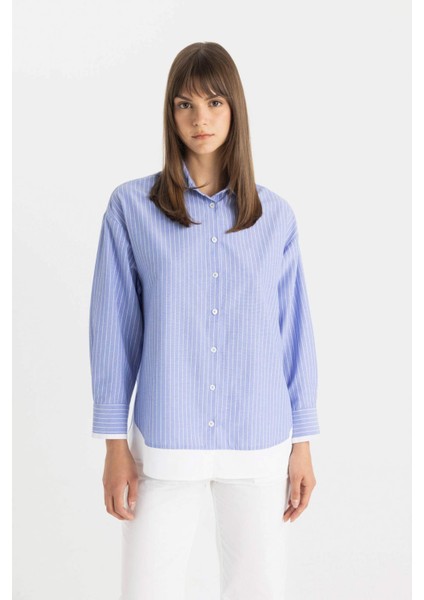 Relax Fit Çizgili Poplin Uzun Kollu Tesettür Gömlek Tunik C9431AX24SM