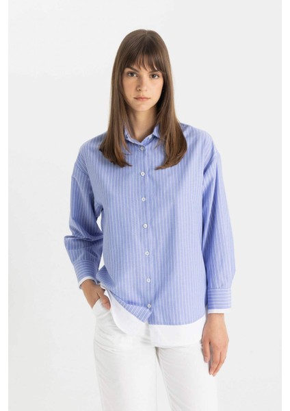 Relax Fit Çizgili Poplin Uzun Kollu Tesettür Gömlek Tunik C9431AX24SM