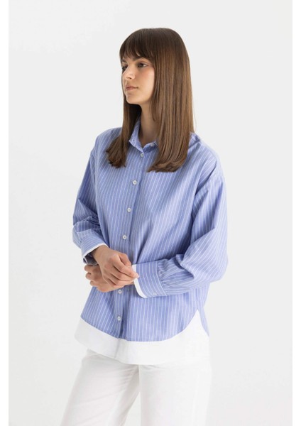 Relax Fit Çizgili Poplin Uzun Kollu Tesettür Gömlek Tunik C9431AX24SM