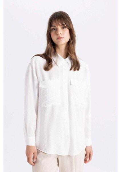 Relax Fit Uzun Kollu Beyaz Tesettür Gömlek Tunik C8671AX24SM