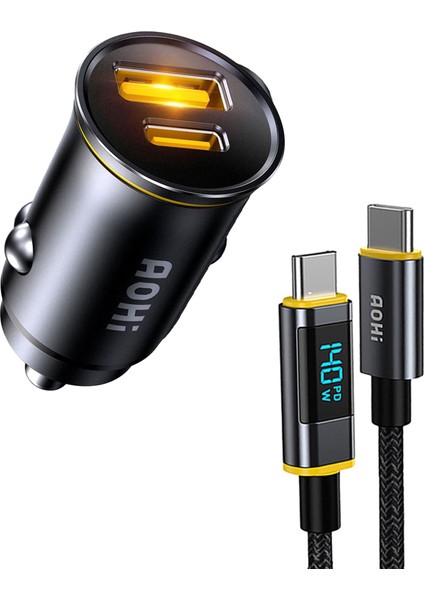 Superauto 2 Portlu Pd 65W Araç Içi Şarjı, 140W LED Ekranlı Naylon Örgülü Süper Hızlı Şarj Kablosu