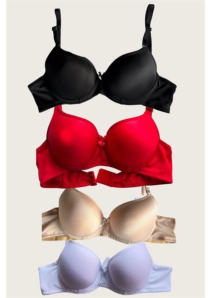 Siyah-Beyaz-Kırmızı-Ten 4'lü Dolgulu Push Up Micro Balenli Günlük Tek Destekli Sütyen indirimleri