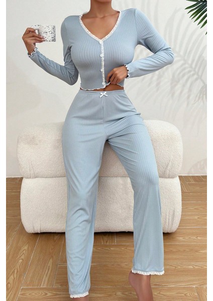 Önden Düğmeli Uzun Kollu Şık Pijama Takımı fiyatları