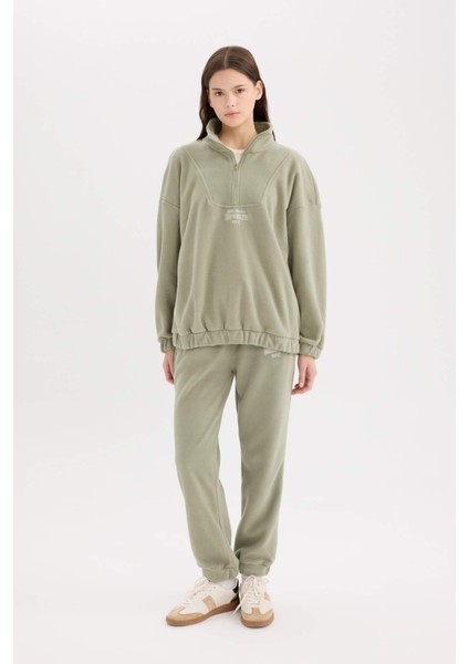 Oversize Geniş Kalıp Fermuarlı Dik Yaka Nakışlı Polar Sweatshirt Y2649AZ24WN