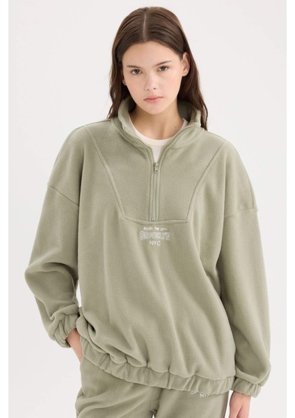 Oversize Geniş Kalıp Fermuarlı Dik Yaka Nakışlı Polar Sweatshirt Y2649AZ24WN