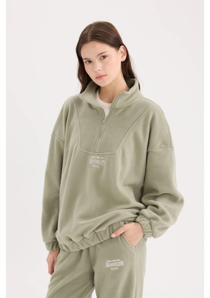 Oversize Geniş Kalıp Fermuarlı Dik Yaka Nakışlı Polar Sweatshirt Y2649AZ24WN