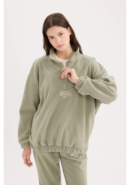 Oversize Geniş Kalıp Fermuarlı Dik Yaka Nakışlı Polar Sweatshirt Y2649AZ24WN