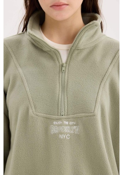 Oversize Geniş Kalıp Fermuarlı Dik Yaka Nakışlı Polar Sweatshirt Y2649AZ24WN